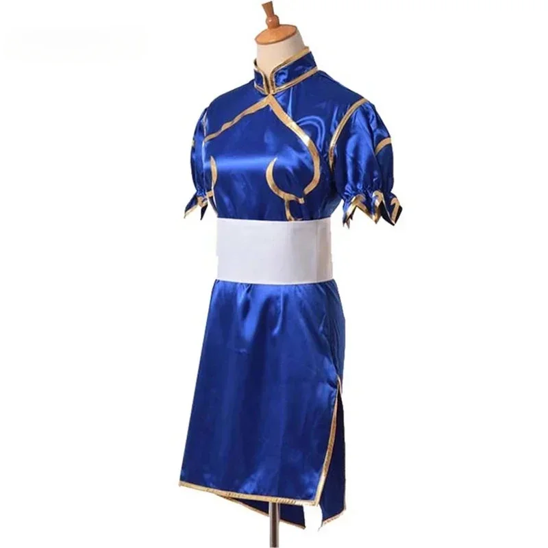 게임 Chun Li 코스프레 의상 할로윈 파티 블루 Cheongsam 드레스 벨트 헤드 기어 여성용 의류 역할 놀이