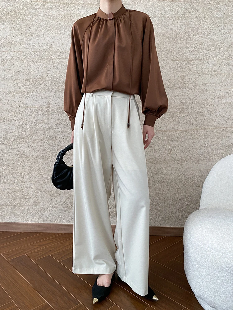 [EAM] High Waist Beige Khaki Brief Long Wide Leg Elegant  Pants New Trousers Women Fashion Tide Spring Autumn 2024 1DH7375