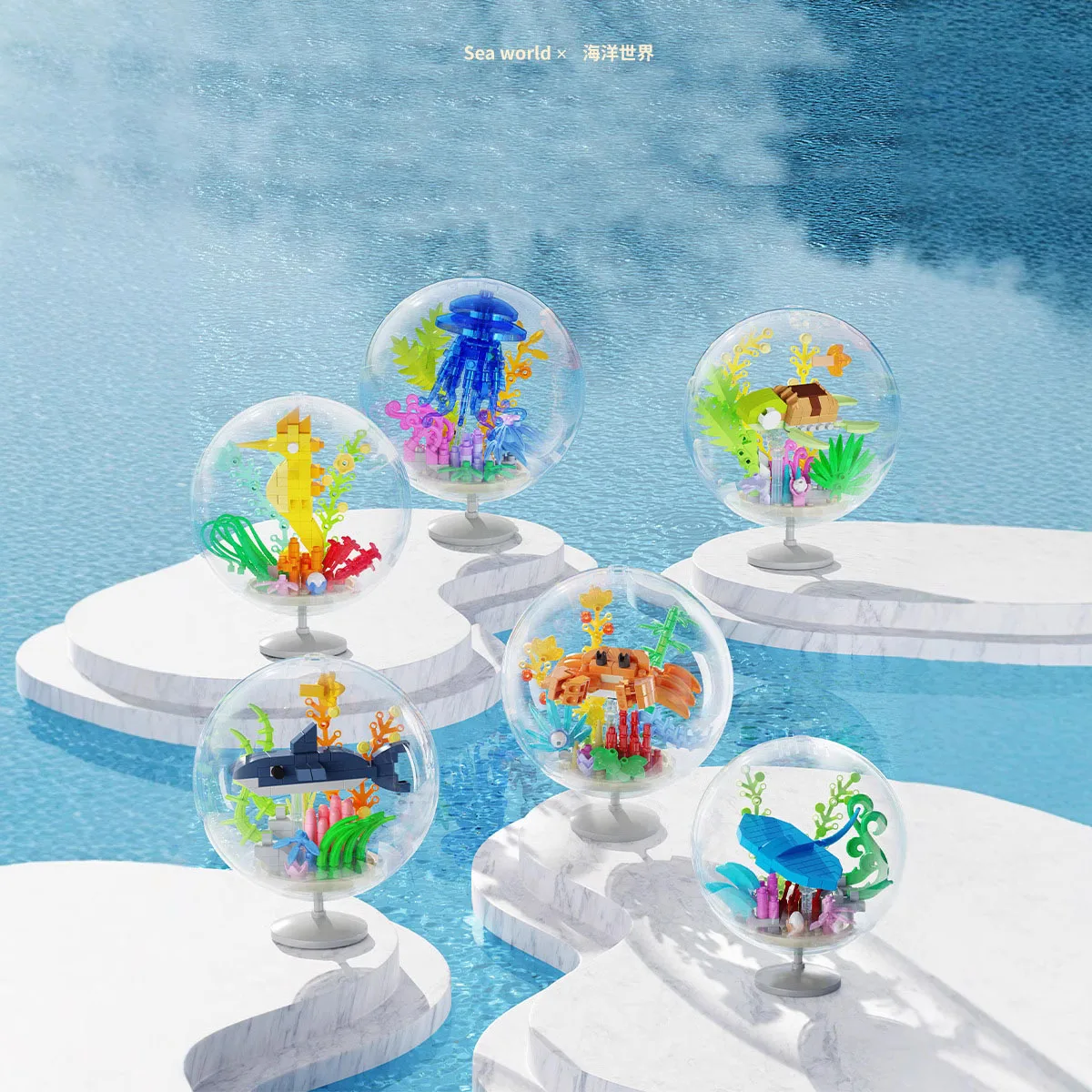 

Idea Lovely Animal Jellyfish Seahorse Sea Turtle Micro Diamond Block Ocean Transparent Ball Model Shark Manta Crab Toy Nanobrick