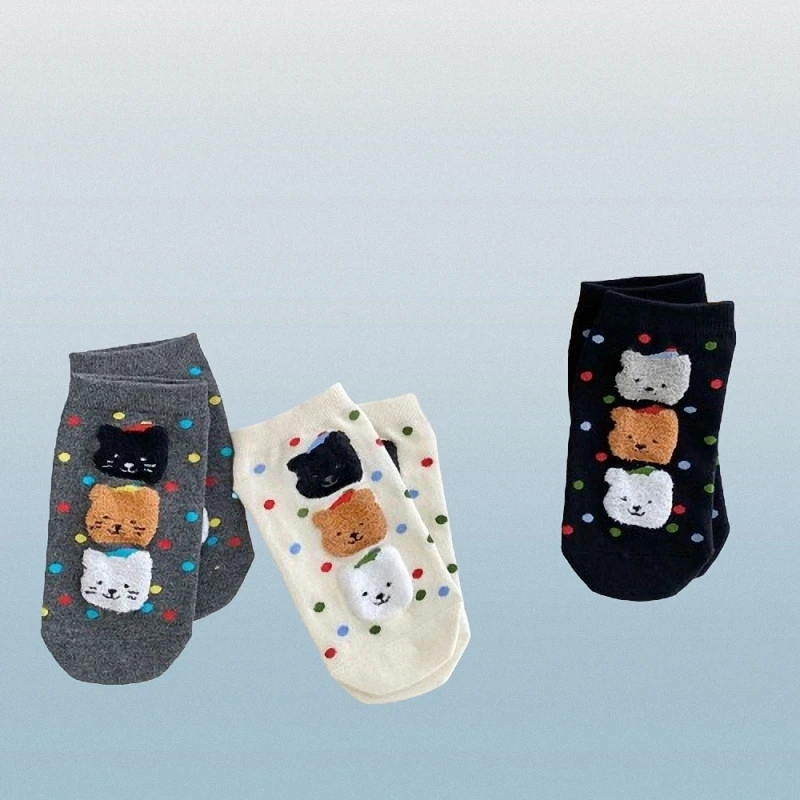 4/8 Paris Fashion Cute Cartoon Student Socks Flocked Bear Polka Dot Socks For Women Spring And Summer Thin Boat Socks