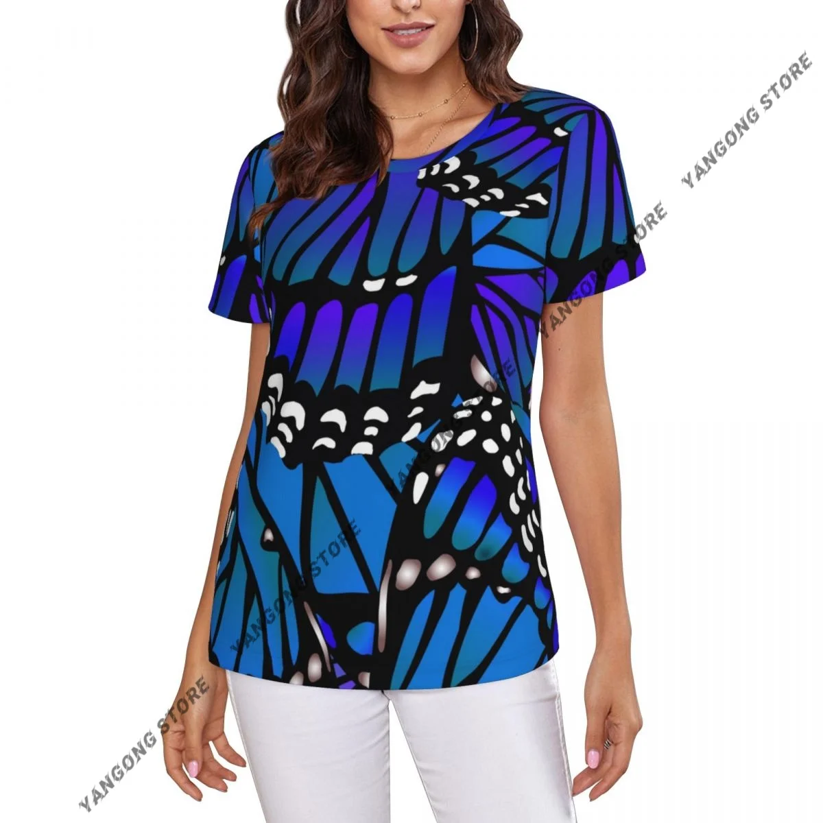 Women's T-shirt ladies casual Monarch Butterfly Blue female T-shirt short-sleeved T-shirt summer thin tops
