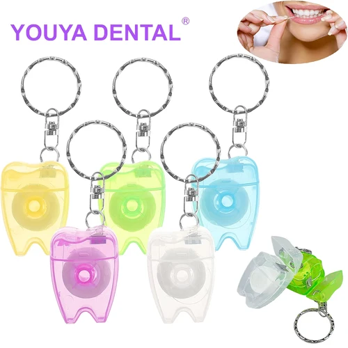 Imagen 1 del producto Mini llavero con forma de diente para limpieza de piezas, diseño de línea plana, rollo de hilo Dental, limpiador bucal, 15M de longitud, 100