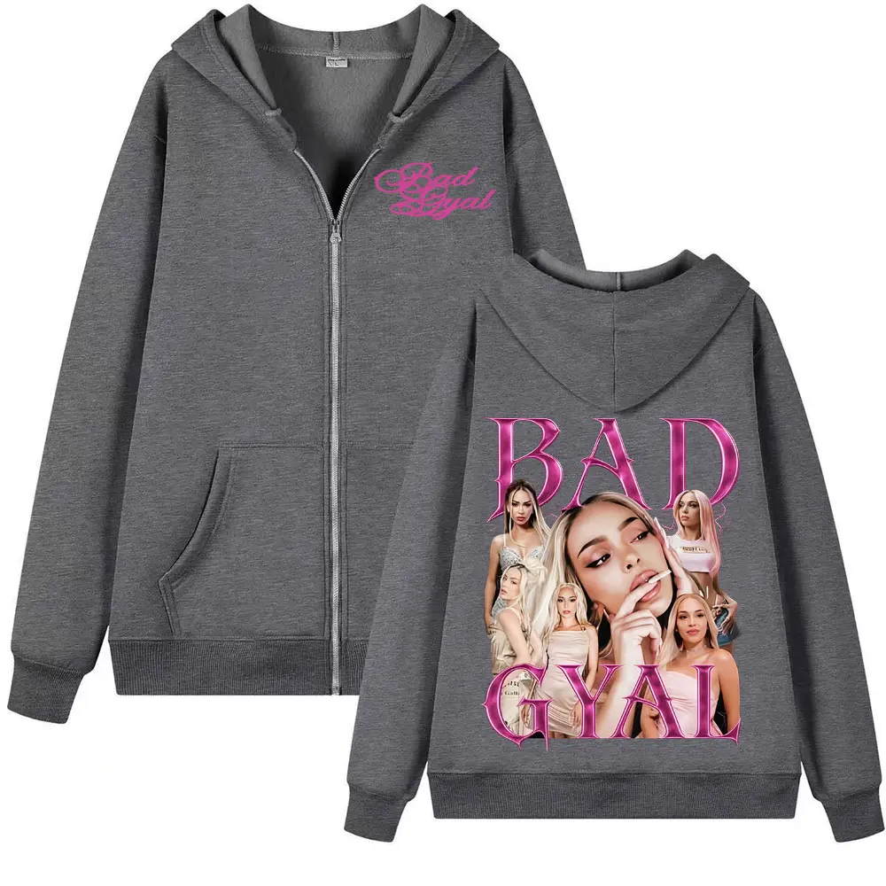 Singer Bad Gyal 빈티지 90년대 지퍼 후드티 남성 여성 하라주쿠 미학 트렌드 스웨트 셔츠 코트 캐주얼 바디워머 지퍼 업 풀오버