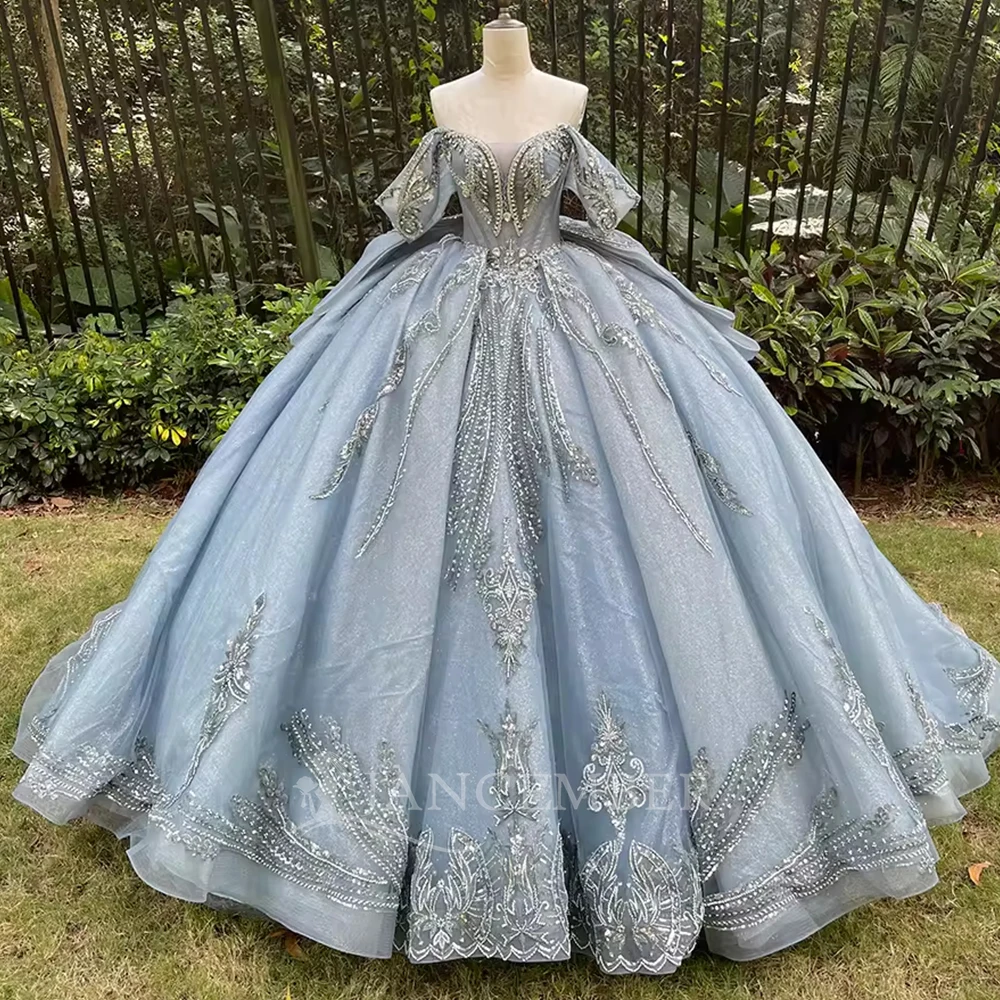 Puffy Quinceanera Dress Ball Gowns Sequined Princess Prom Dresses Birthday Party Gown vestidos de fiesta Customized Big Bow