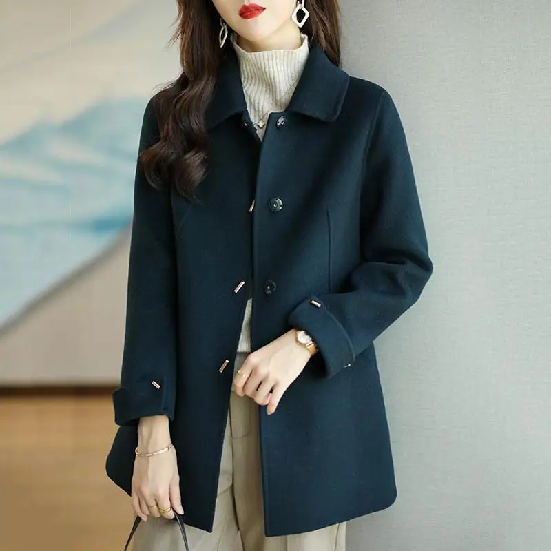 Fashion Korean Style Slim and Versatile Temperament Polo Collar Single-breasted Woolen Jacket for Women