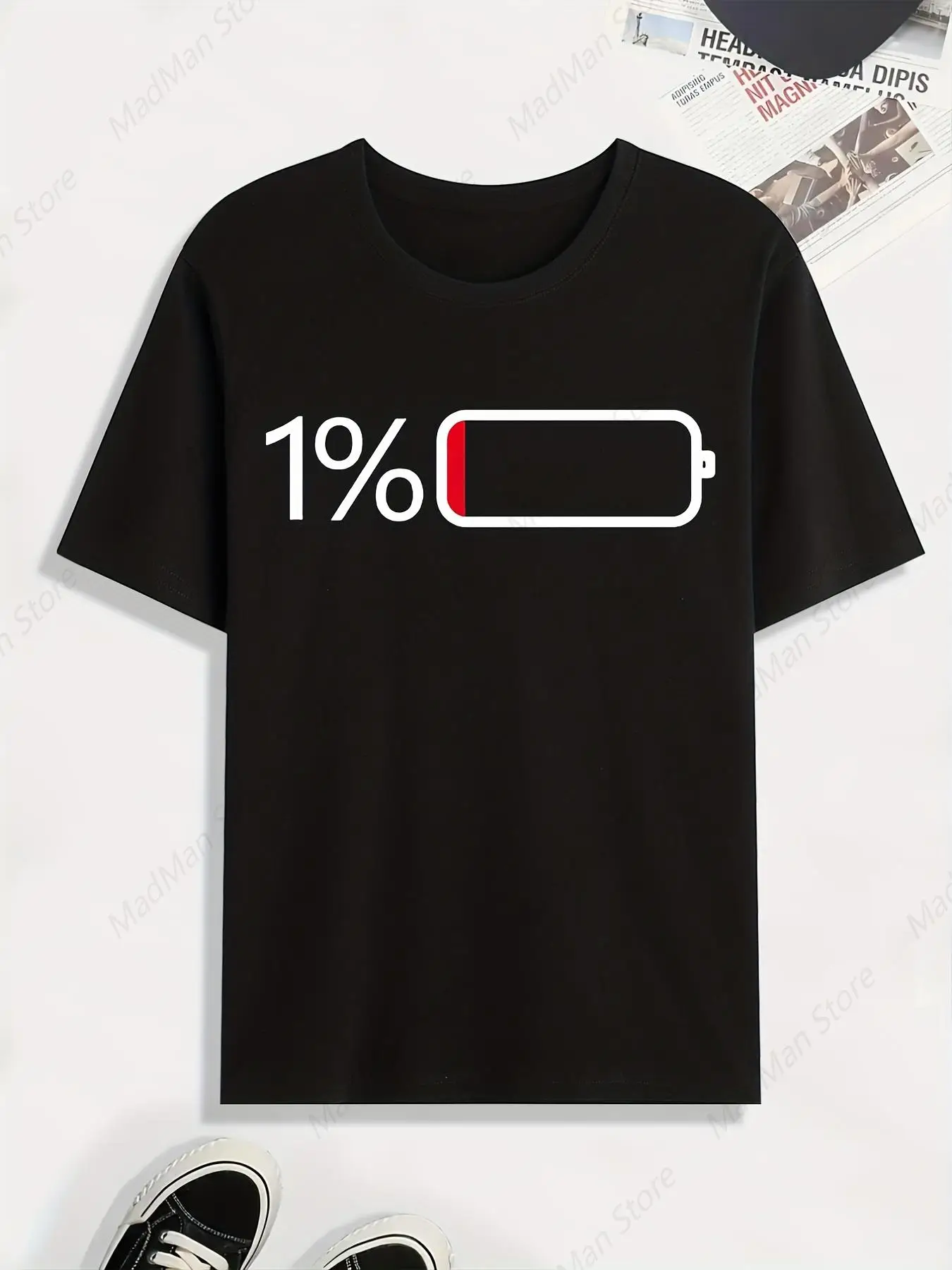 Battery Low Print T Shirt, Tees For Men, Casual Short Sleeve Tshirt For Summer Spring Fall, Tops As Gifts