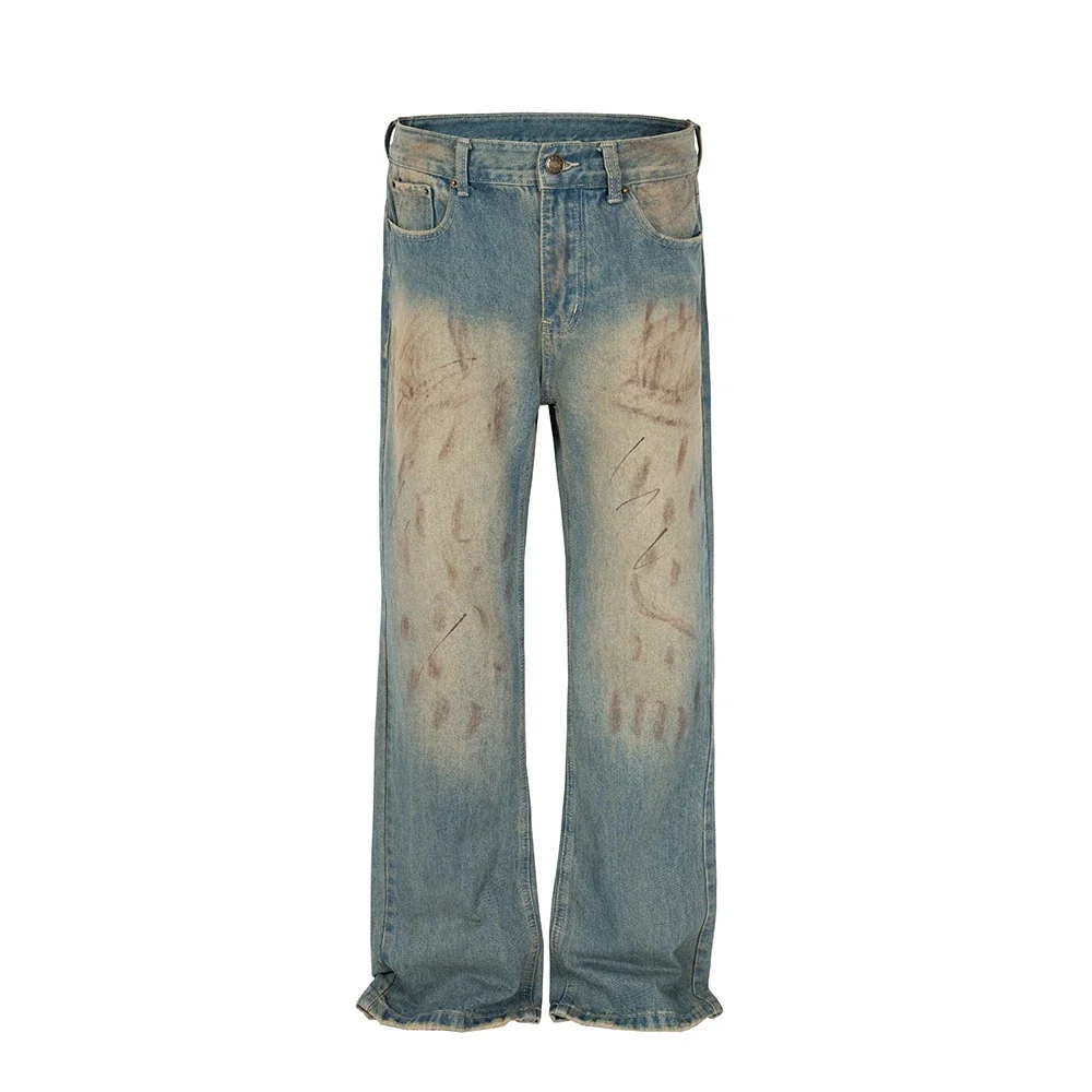 Handmade Distressed Mud Dyed Dirty Baggy Blue Jeans for Men Straight Baggy Casual Overalls Harajuku Loose Denim Trousers