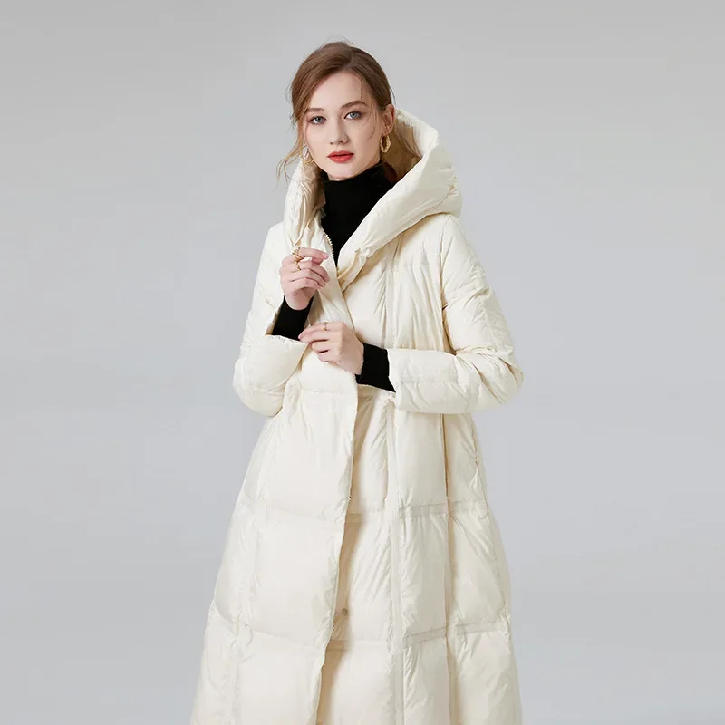 Lightweight Down Jacket for Women, 90% White Duck Down, Korean Version,  Loose Fitting, Long Winter Coat