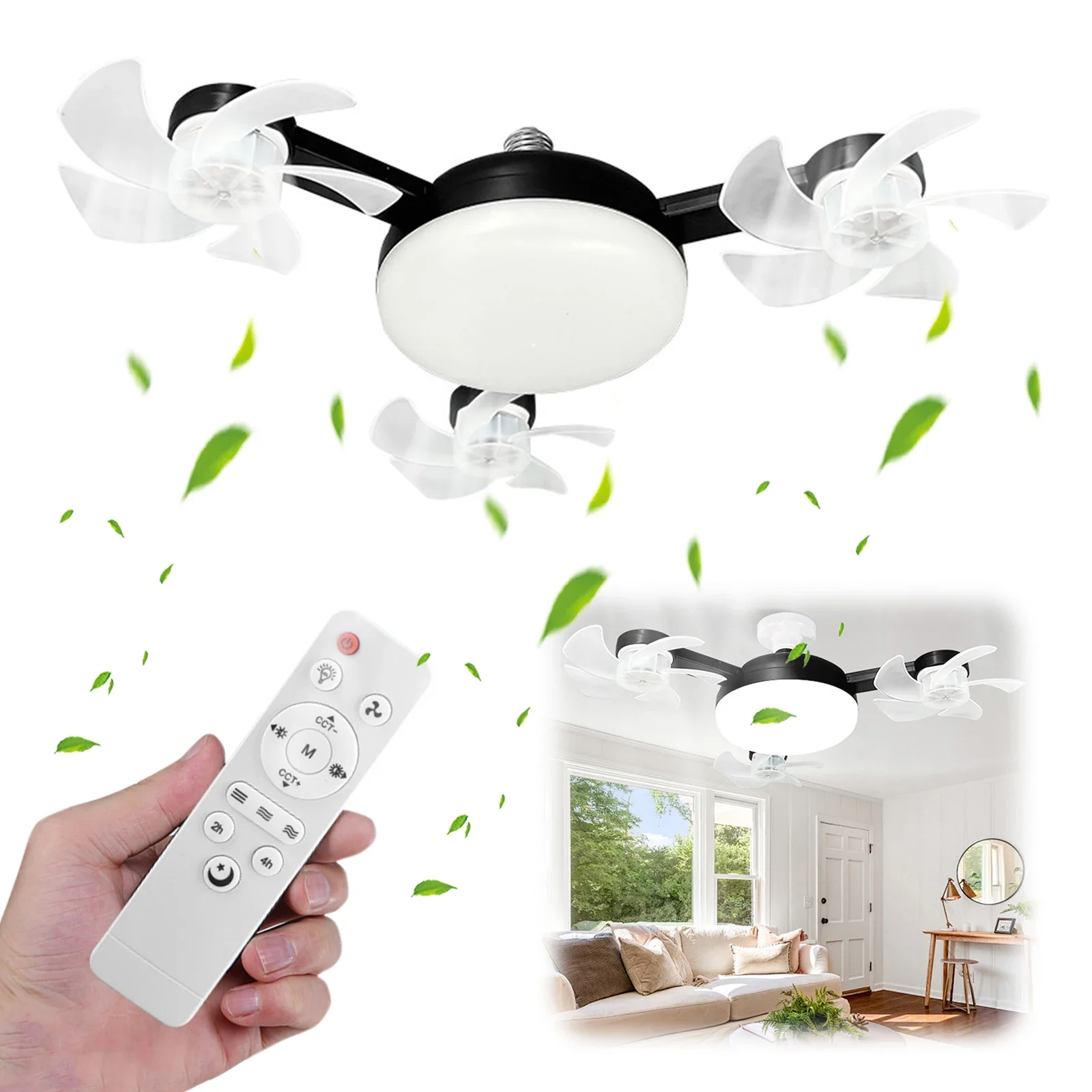 E27 Dimmable LED Socket Drone Fan Light 3-Speed Light Bulb Silent Fans Electric Cool Blower for Bedroom Kitchen Working Space