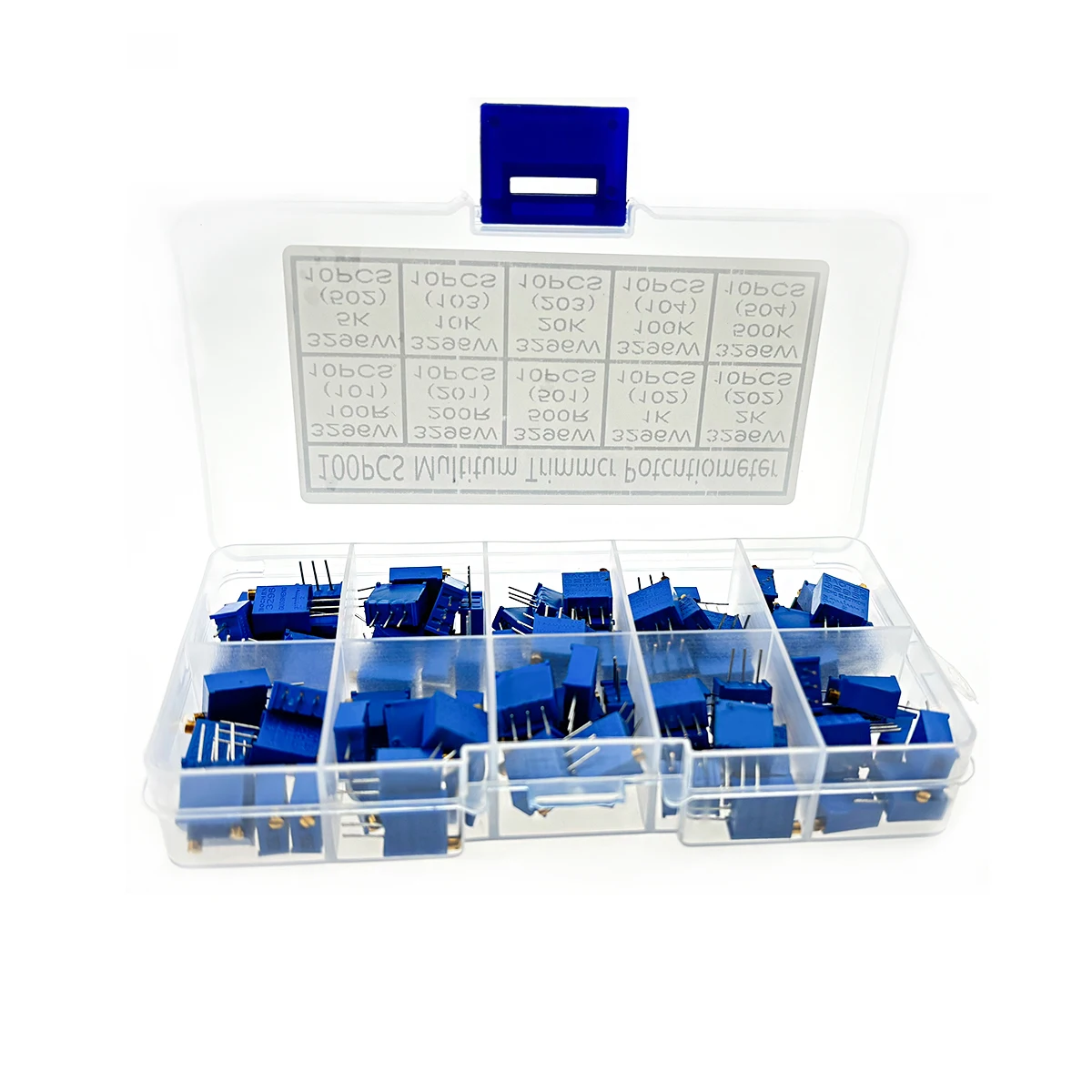 100Pcs 3296W Multiturn Trimmer Potentiometer 100R 200R 500R 1K 2K 5K 10K 20K 100K 500K Ohm Variable Resistor Box Kit