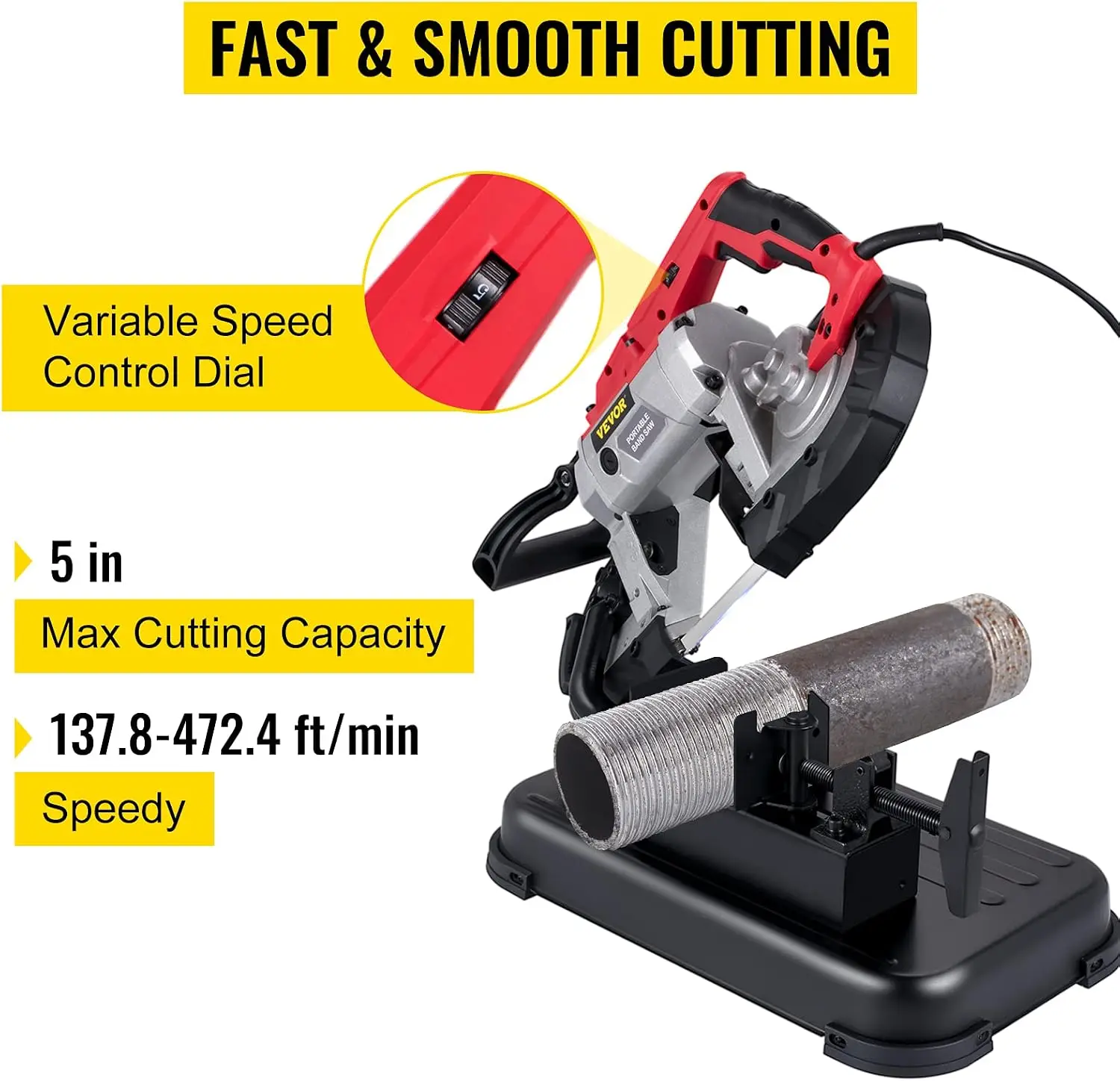 Portable Band Saw, 110V Removable Alloy Steel Base 5 Inch Cutting Capacity Hand held Variable Speed Portable Bandsaw, 10Amp Moto