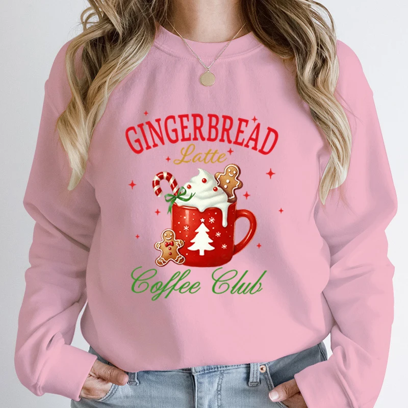 Autumn Winter Women Christmas Gingerbread Latte Coffee Club Print Round Neck Hoodless Pullovers Cute Casual Pure Color Pullovers