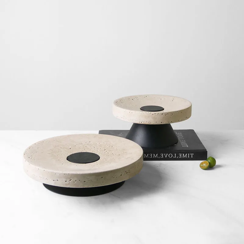 Creative Travertine Round Black Solid Wood Tall Bottom Tray Ornament Living Room Coffee Table Dining Table Fruit Plate Decor