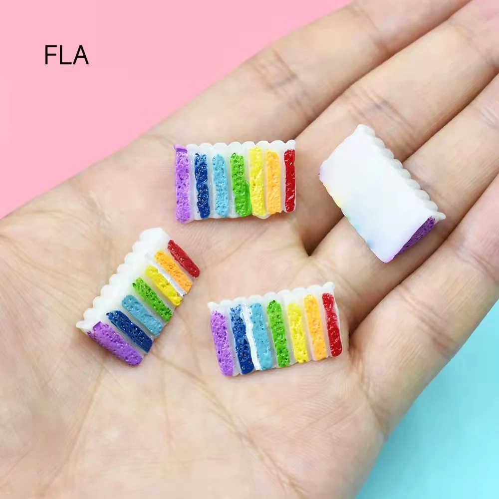 8PCS Resin Simulated Rainbow Cake Charms Kawaii Miniature Food Fairy Garden Artificial Food Pendants Jewelry Making Accessory