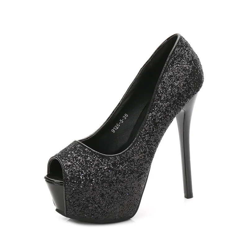 CACA 2023 décolleté con plateau da donna, scarpe da festa Sexy in tessuto con paillettes, tacchi alti poco profondi, 14cm, punta aperta, nero,