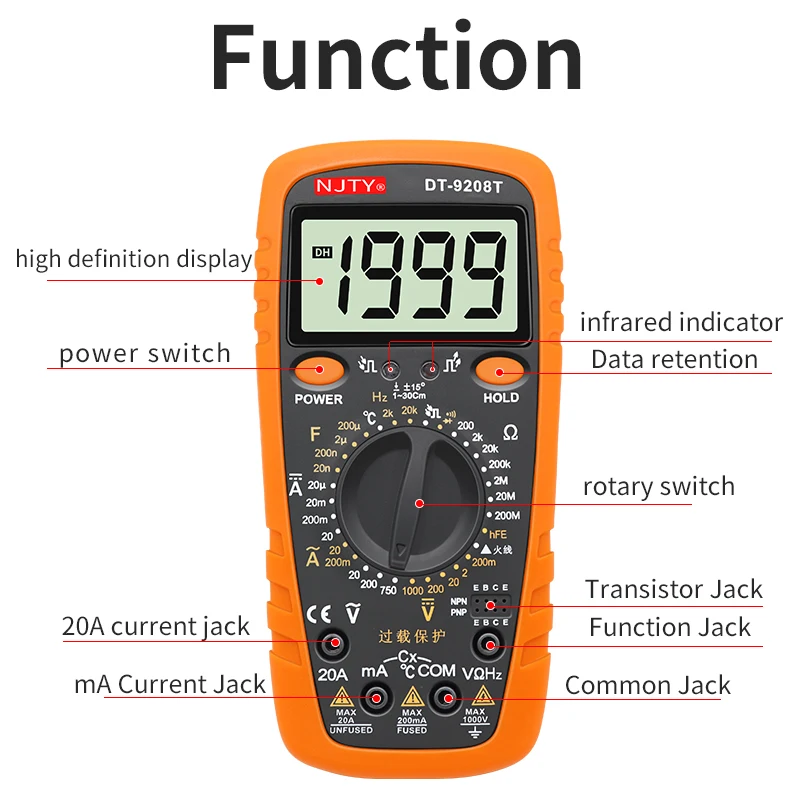 NJTY High Voltage Digital Multimeter 2000V AC/DC Professional Voltmeter Ammeter Capacitance Temperature Ohm Multi Meter Tester