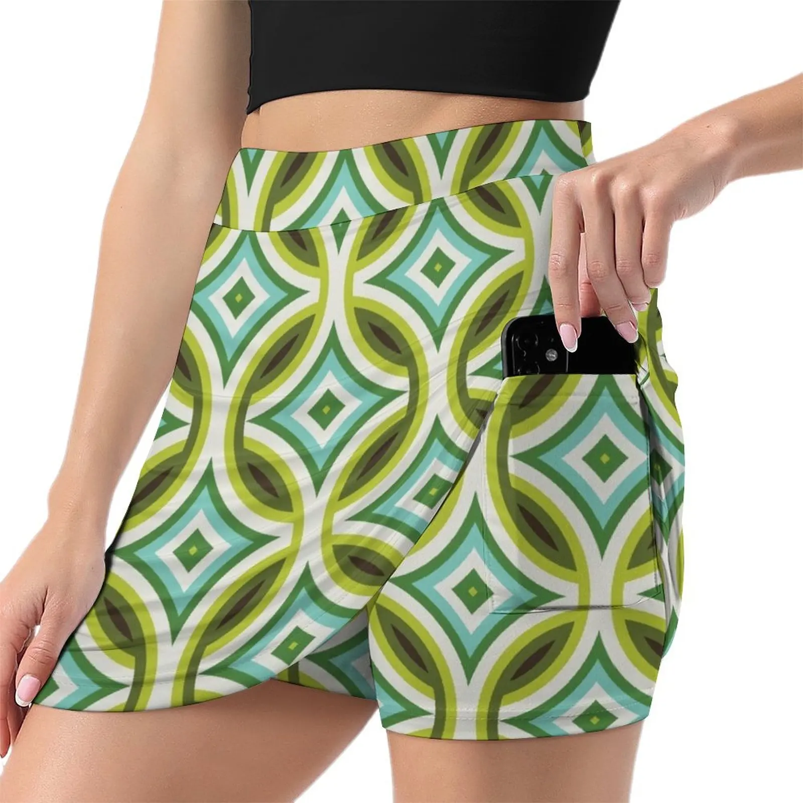 Green, Turquoise & Brown Circular Geometric Retro Pattern Mini Skirt women's skirt 2025 trend skirt sets