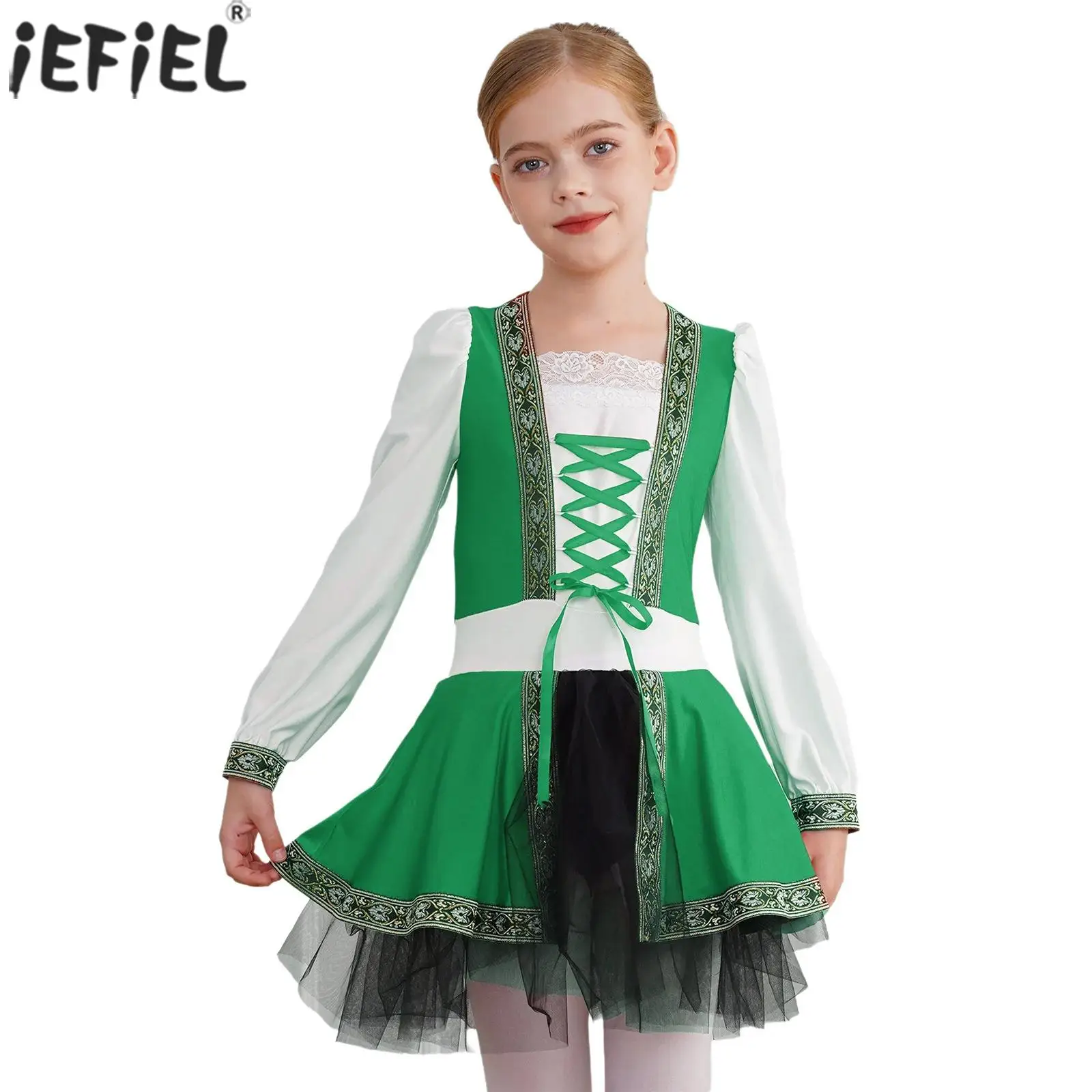 Kid Girls Medieval Renaissance Costume Halloween Carnival Cosplay Fancy Dress Party Long Sleeves Lace-up Gothic Retro Tutu Dress