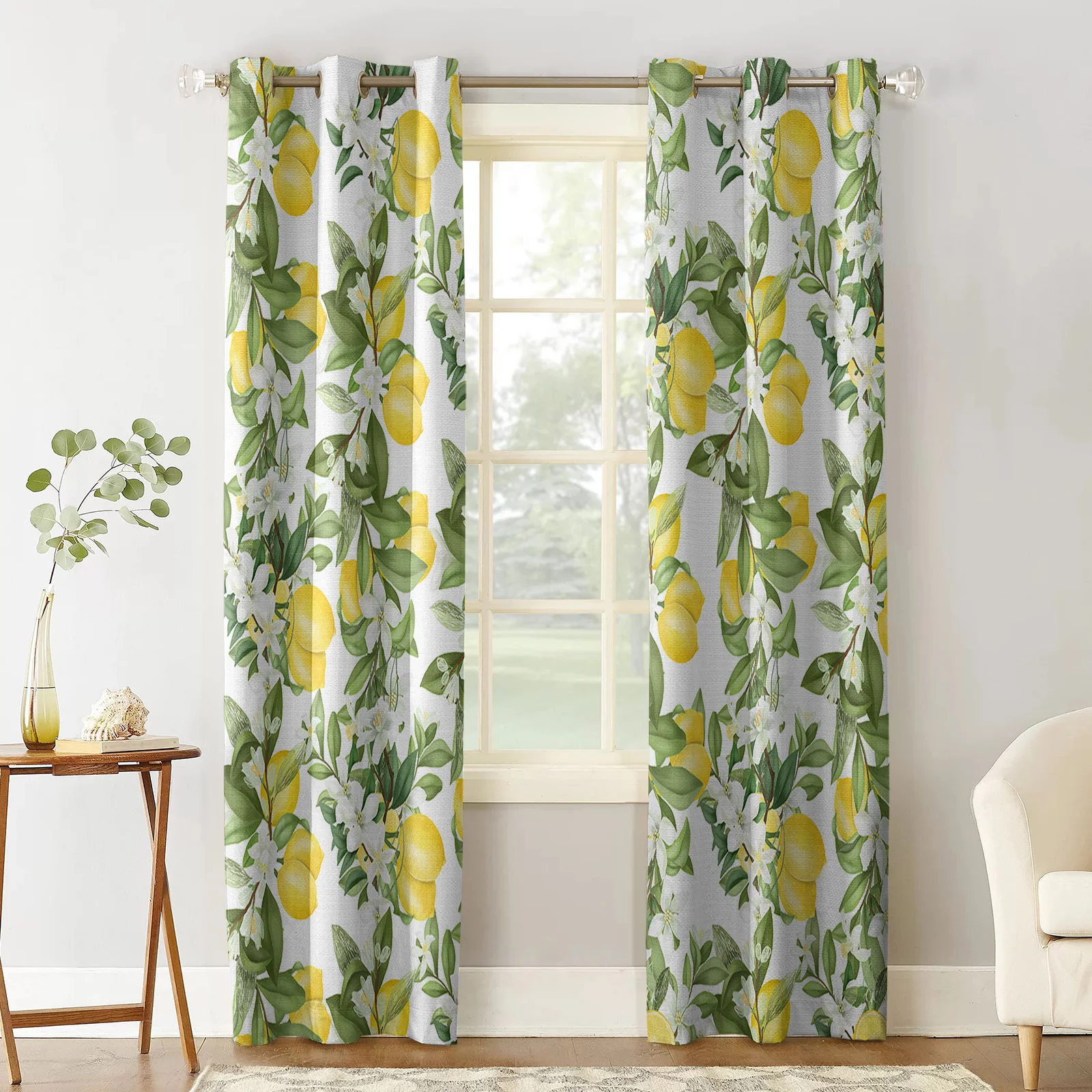 Spring Lemon Leaves Flowers White Texture Bedroom Living Room Curtains Outdoor Gazebo Garden Terrace Decorative Curtains