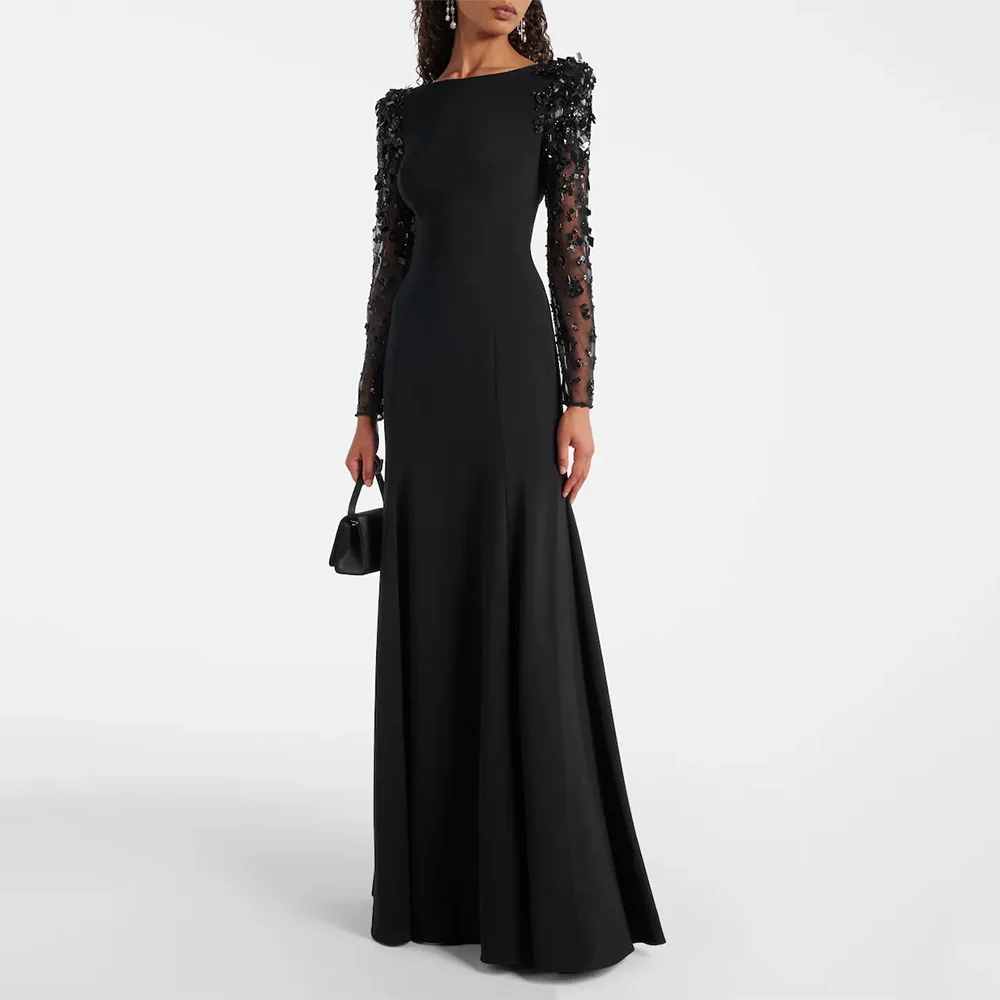 Robe de soirée de luxe paillettes perles Illusion manches longues sirène robes de soirée longue col bateau trompette robes d'invité de mariage