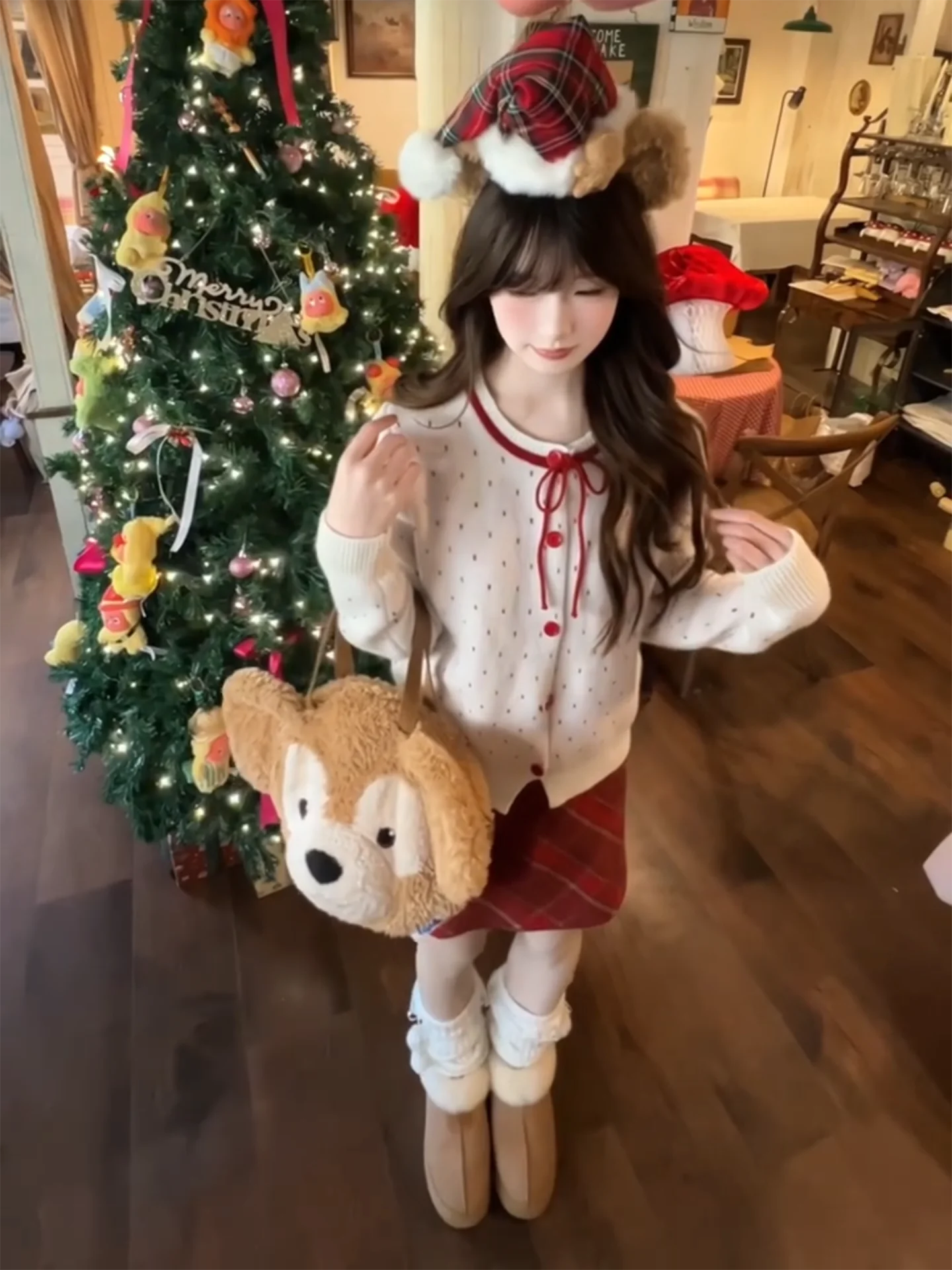 2026년 봄 퓨어 디자이어 물방울 무늬 니트 가디건과 레드 체크 스커트 세트 여성용 스위트 시스터 스타일 투피스 패션 세트