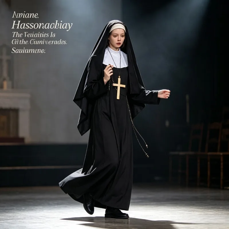 Nun Costume Black Long Dress Halloween Party Carnival, Role-playing Stage Performance Costume view 4