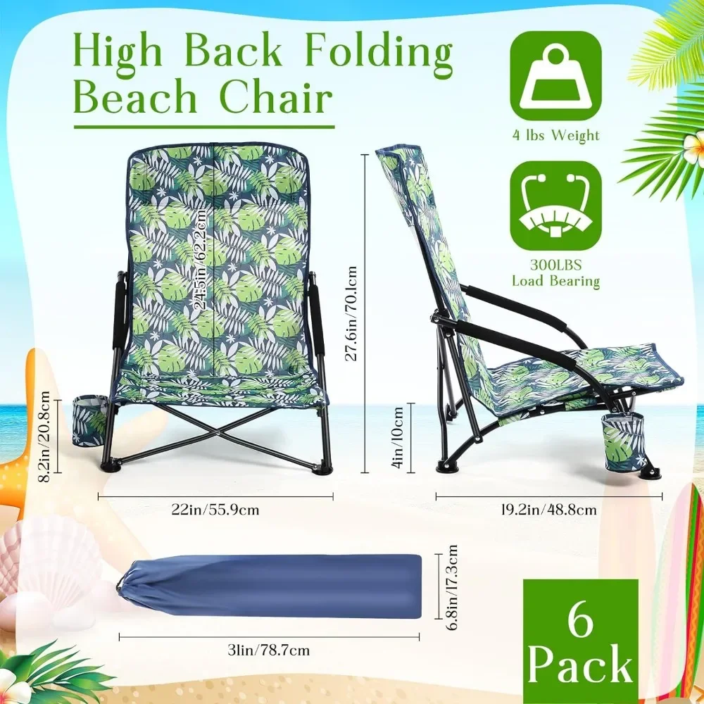 Beach Chairs 30.9 Pounds Low 6 Pack,Portable Lightweight Folding Chair for Adults, Low Seat Camping Chairs with Cup Holder