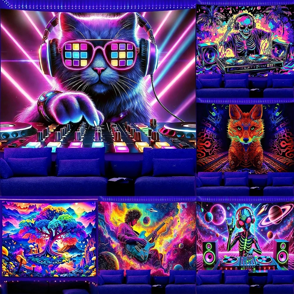 

Glowing Tapestry with Cat DJ and Space Scenes UV reaction tapestry background decoration wall hanging bedroom party decoration