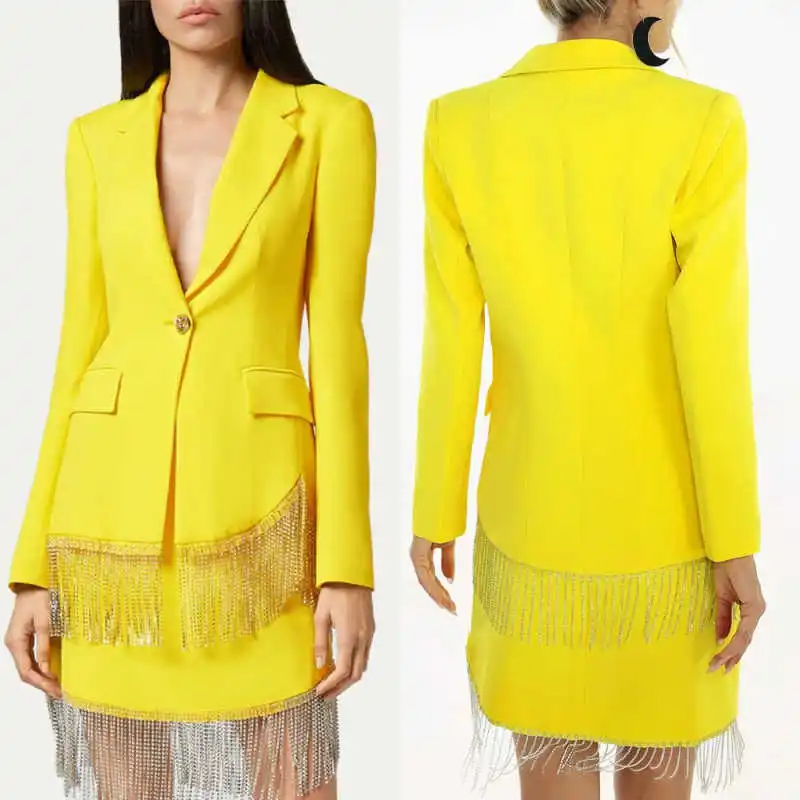 

Fashion Women Suits 2 Pieces Blazer Skirt Notch Lapel Rhinestones Tassels Formal Occasion Party Customized