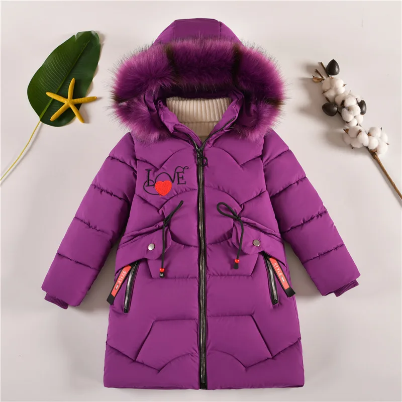 

Winter Girls Jacket Long Solid Color Love Letter Pattern Thicken Keep Warm Hooded Windbreak For 4-12Y Teenagers Kids Outwear