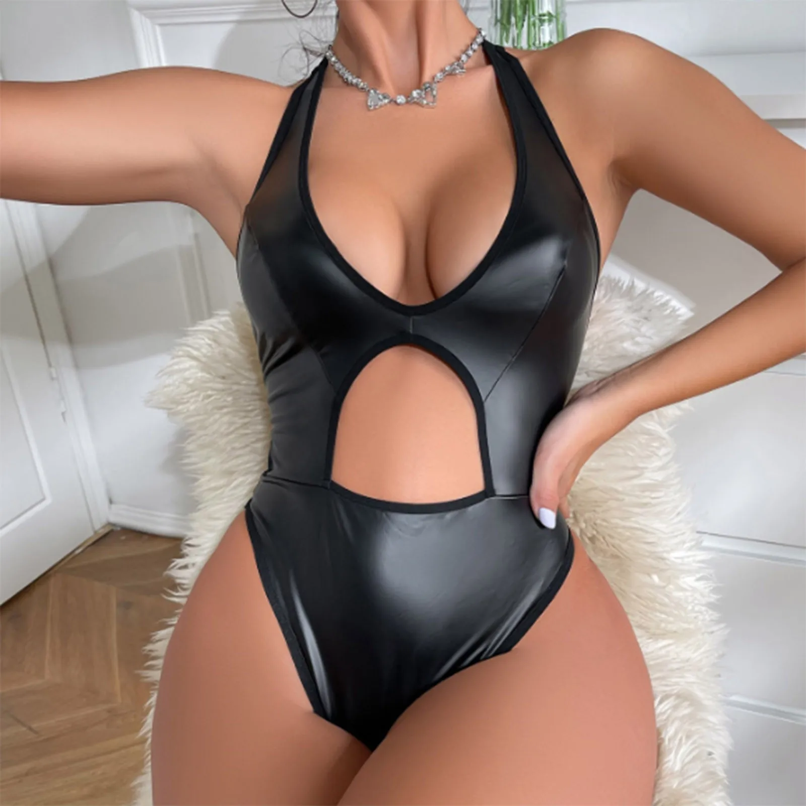 Sexy Lingerie Bodysuit Latex Leather Body Sex Costume Rompers Women Bra Teddies Sexy Underwear Bandage Backless Erotic 2023