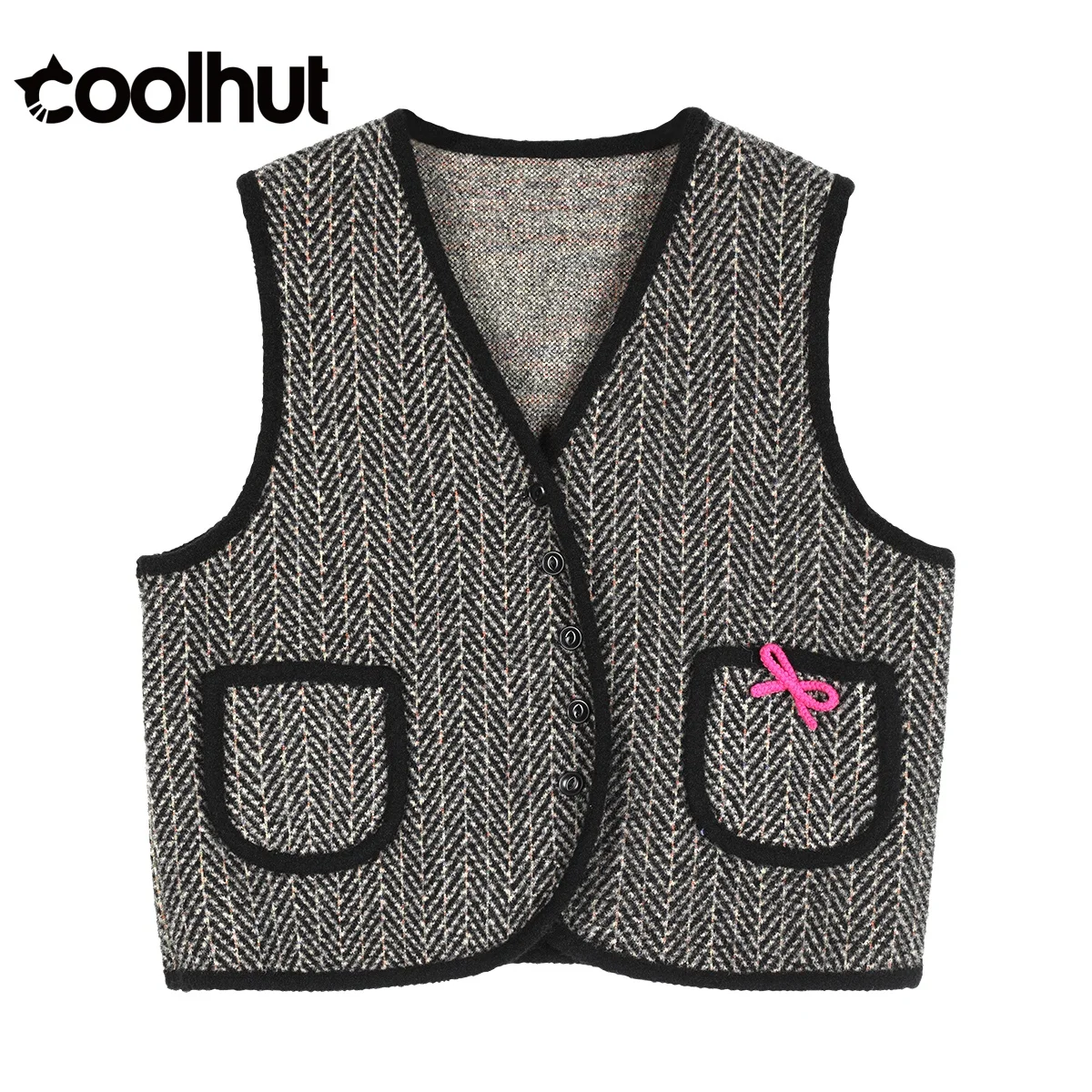 

COOLHUT New Arrival Fall Layering Herringbone Vest for Women 2025 Vintage Color Block Waistcoat Sleeveless Knit Retro Style Top