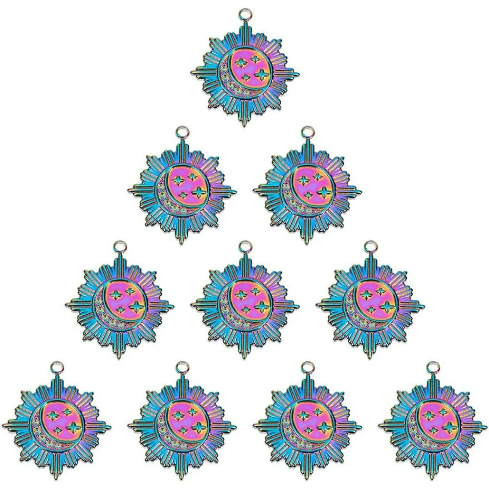 

10 Pcs 304 Sun Pendants 304 Stainless Steel Rainbow Color Sun Charms Flat Round Pendants With Rhinestone Setting Hanging