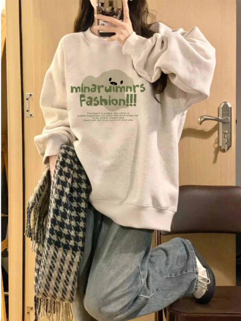 

Crew neck gray heavy cotton sweater women spring and autumn thin loose lazy style oversize American top k pop clothes