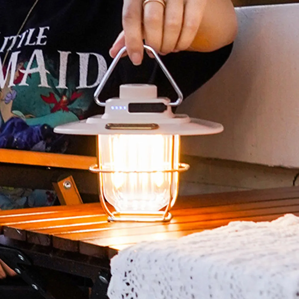 

Светодиодные декоративные подвесные светильники с зарядкой Type-C, ретро-лампы для кемпинга, индикатор заряда батареи, с крючком, регулируемая яркость, для путешествий на природе