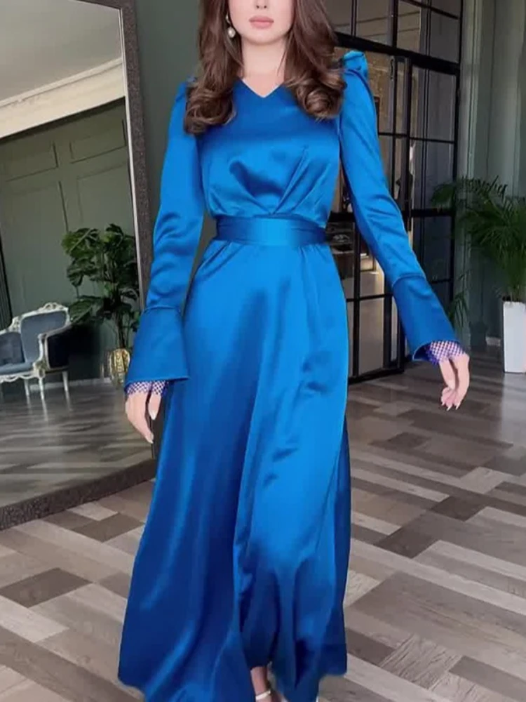 Eid Ramadan Muslim Dress Women Satin Split Sleeve Solid Maxi Jalabiya Vestidos Largos Dubai Party Evening Dresses Summer 2024