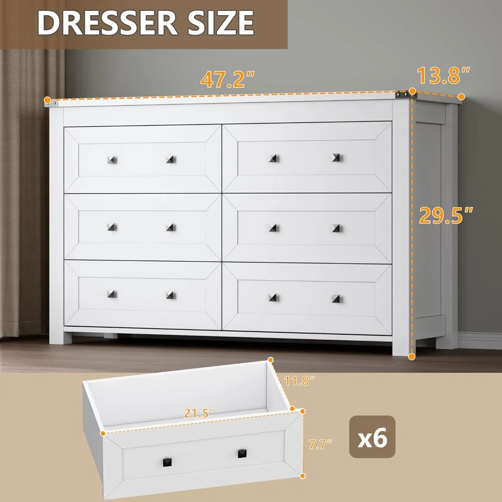 6-Drawer Dresser for Bedroom, Chest of Drawers with Ample Storage, Modern Farmhouse-Style Wooden Dresser for Bedroom, Hallway