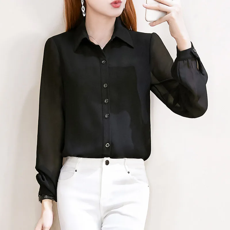 Black Chiffon Shirts Women Fat Sister Long sleeve Spring and Autumn Loose Slimming Bottoming Shirt Plus size Chubby Girl Comm...