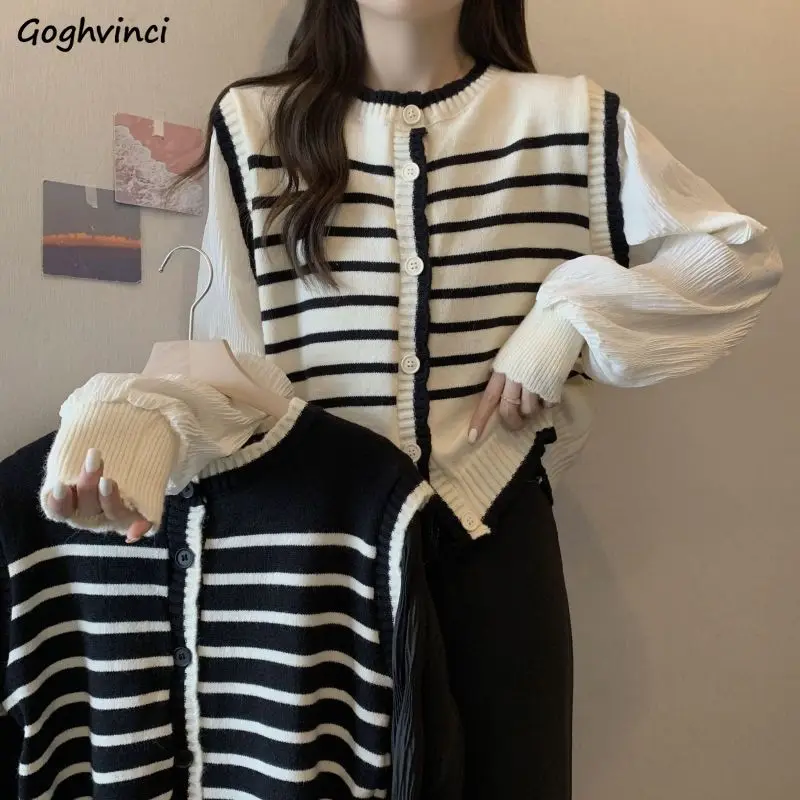 Cardigan Women Chic French Style Fake Two Pieces Simple Loose Striped Knitted Sweaters Spliced Casual Vintage Autumn New Fashion