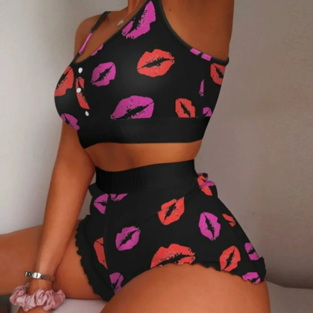 Fashion Multiple Print Women Pajama Set Suspender Style Comfortable Sleepwear Set Sleeveless Breathable Pajama Shorts Set