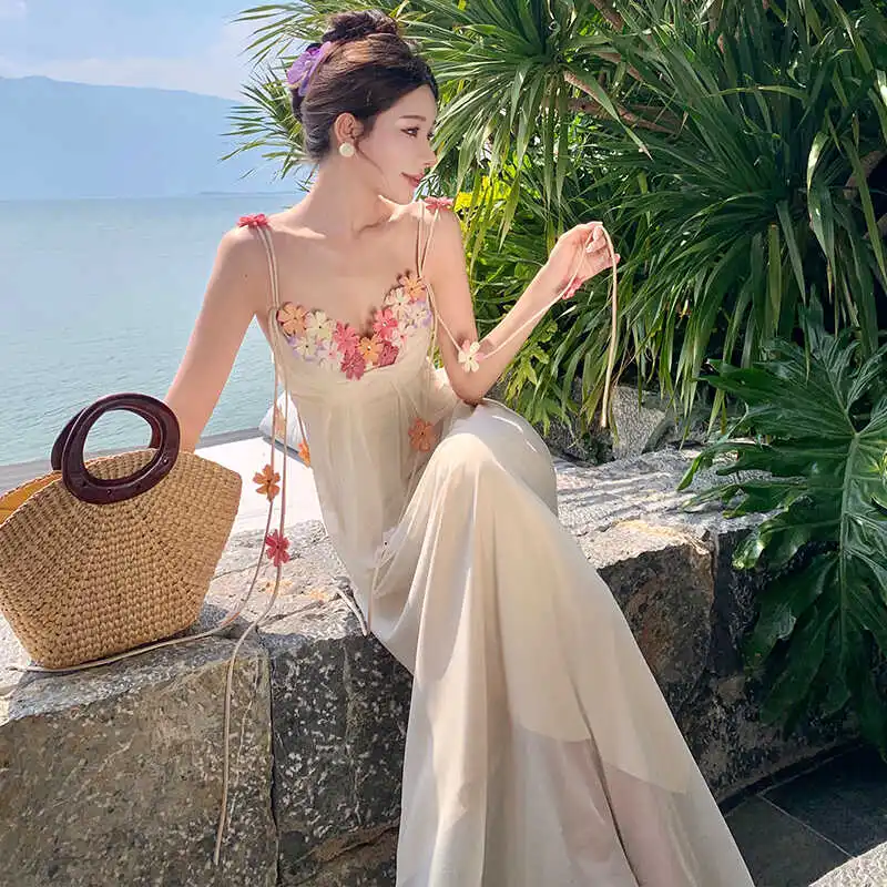 New design lazy wind beach skirt long dress seaside vacation backless super fairy dress summer