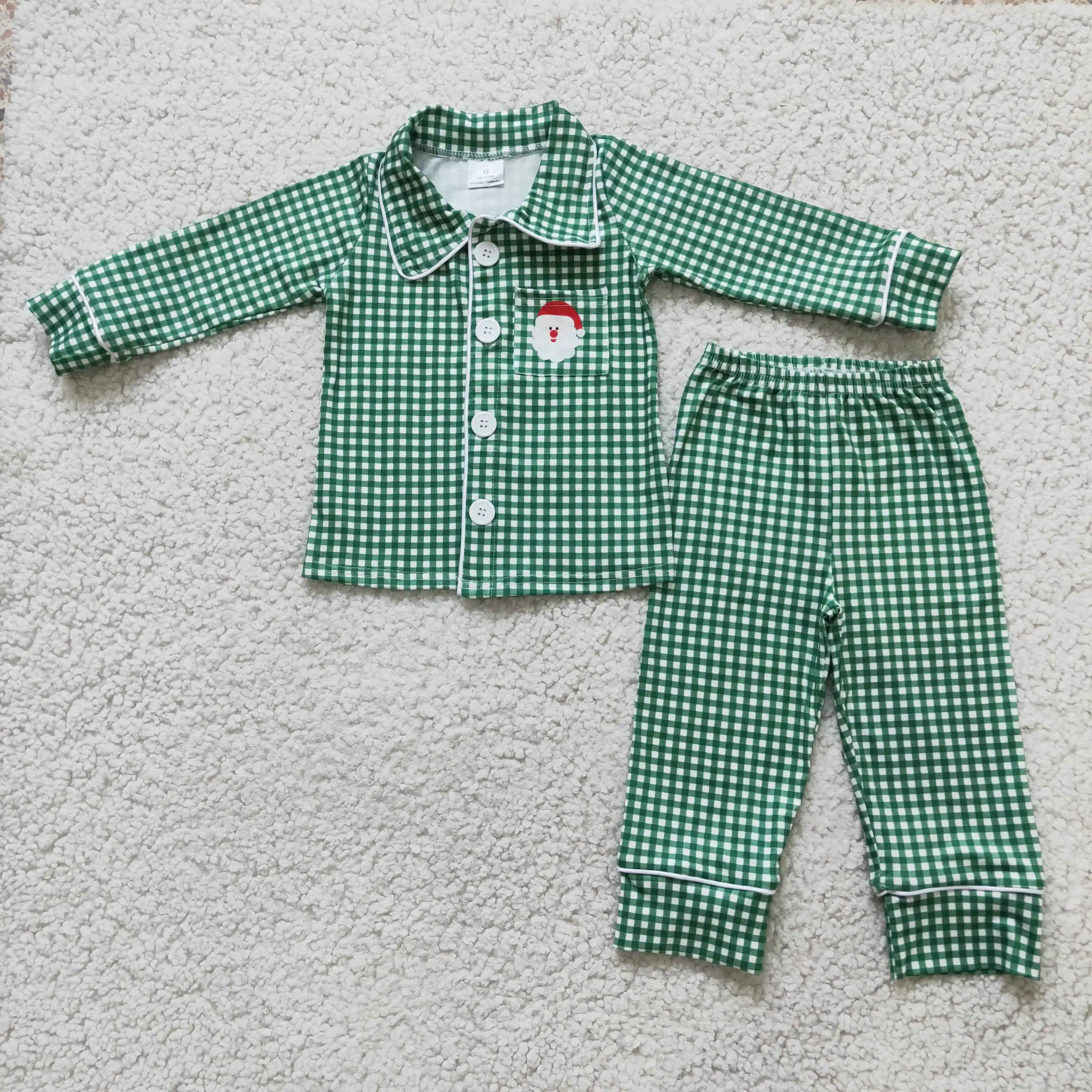 

Baby Boy Christmas Santa Green Sleepwear Clothing Children Long Sleeve Button Down Set Plaid Pants Kids Outfit Infant Pajamas