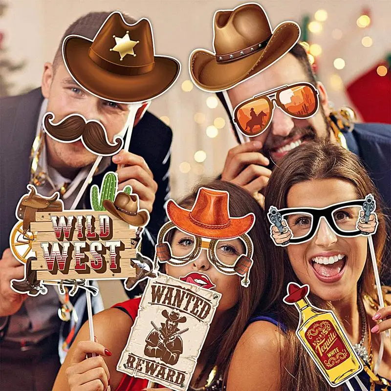 Western Cowboy Photo Booth Props Selfie Photo Booth Set Western Photo Booth Props Kit With Sticks Country Theme Photo Booth