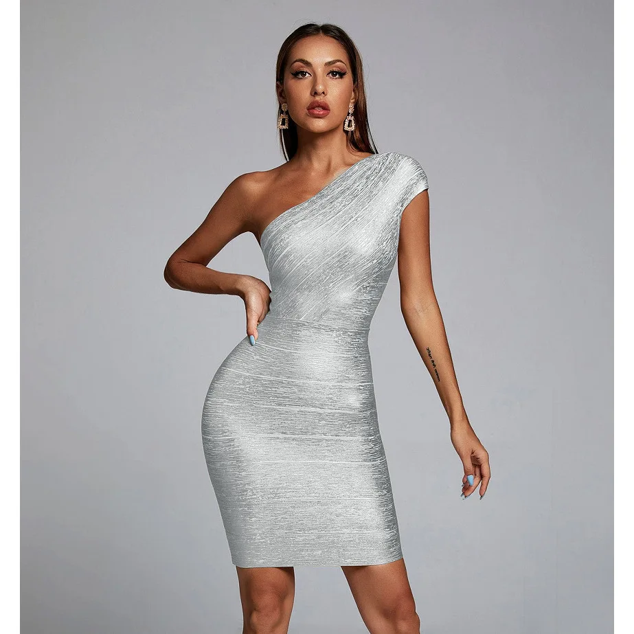 

Sexy Single-Shoulder Gold-Embroidered Evening Dress Club Party Wrap Dress Cotton Summer Women's Fashion Mid-Waist Skirt