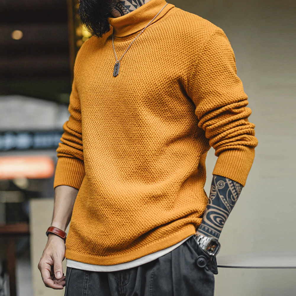 Maden New Vintage Half - Turtleneck Knitted Sweater Yellow Base Layer Pullover Warm Inner Wear for Men's Autumn and Winter Tops