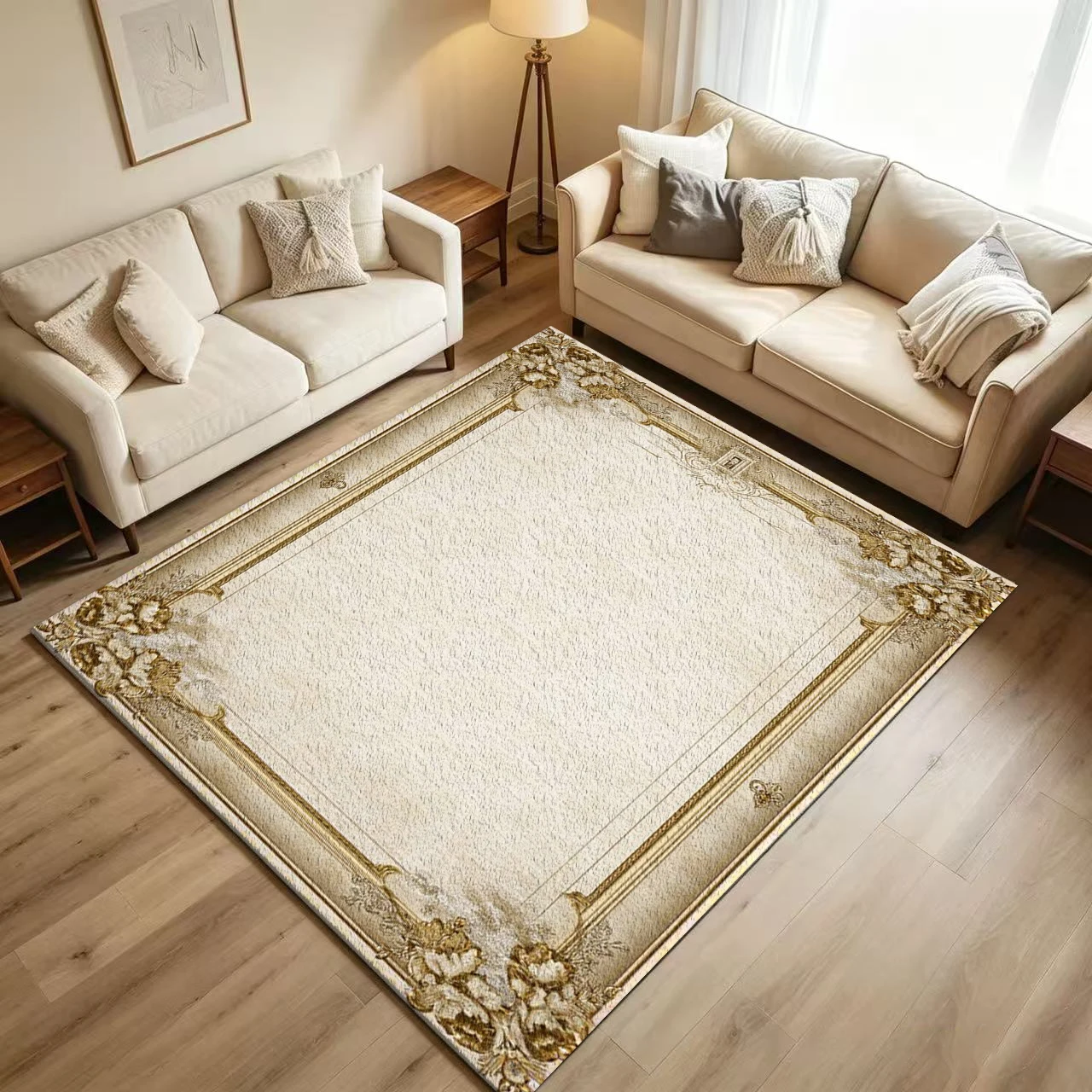Vintage Golden Floral Frame Carpet Flooring Antique Retro Paper Style Ornate Flower Border Printed Floor Rug for Household Indoor Home Decor