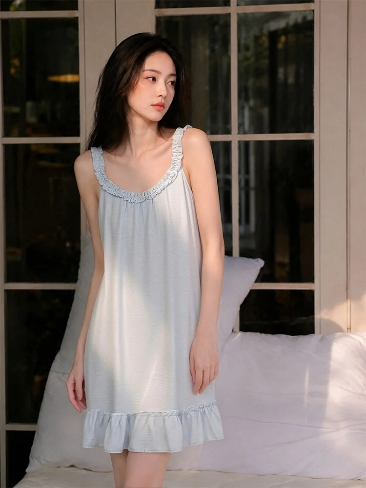

Pinkbread Summer Ice Silk Sleepwear Women's Acetate Dress with Chest Pad Can Be Worn outside Home Clothes Loose Fit round Neck