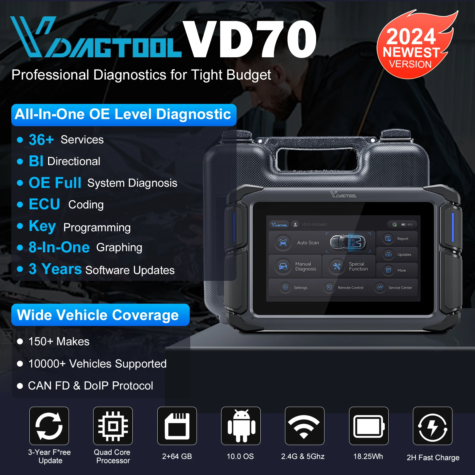 VDIAGTOOL VD70 Automotive Diagnostic Scanner Bidirectional Scan Tool CAN FD & DoIP&FCA ECU Coding  OE Full System Scan 36+Resets