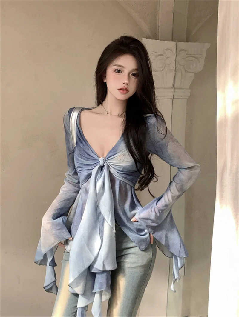 

Gradient Tie Dye Irregular Ruffle Edge Ribbon Flared Sleeve Shirt V-neck Twisted Long Sleeved Chiffon Shirt For Women's Summer