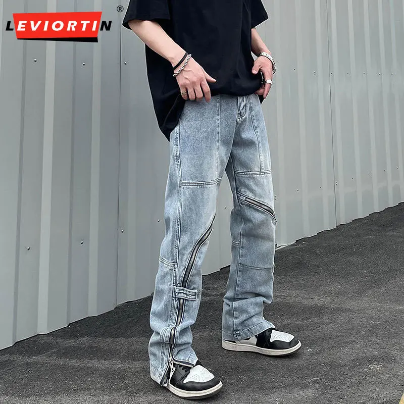 High Street Zipper Decorated Split Jeans Pants Men's American Hip Hop Man Loose Straight Micro Horn Denim Trousers Unisex Y2K